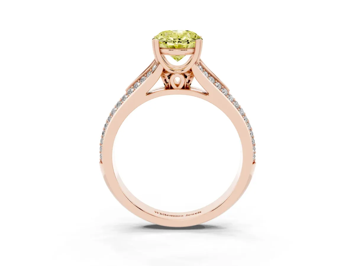 Fancy Yellow Oval Cut Diamond Split Shank Engagement Ring with Pavé Band Rose gold
