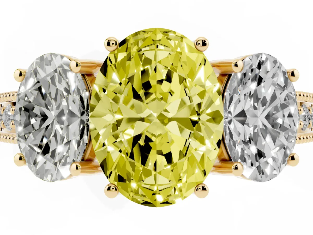 Fancy Yellow Three-Stone Oval Cut Cut Milgrain Pavé Engagement Ring Yellow gold