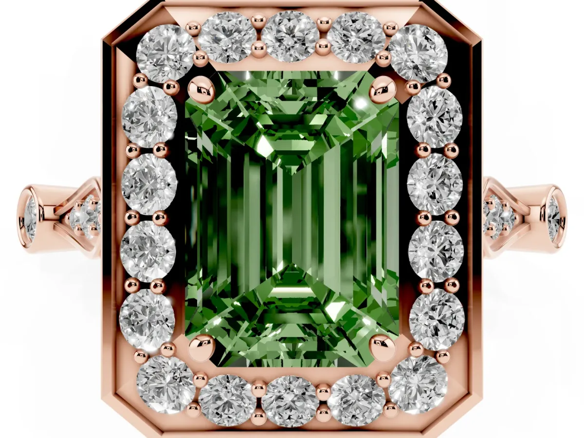 Fancy Green Emerald Cut Halo Diamond Engagement Ring with Twisted Band and Four-Prong Setting Rose gold