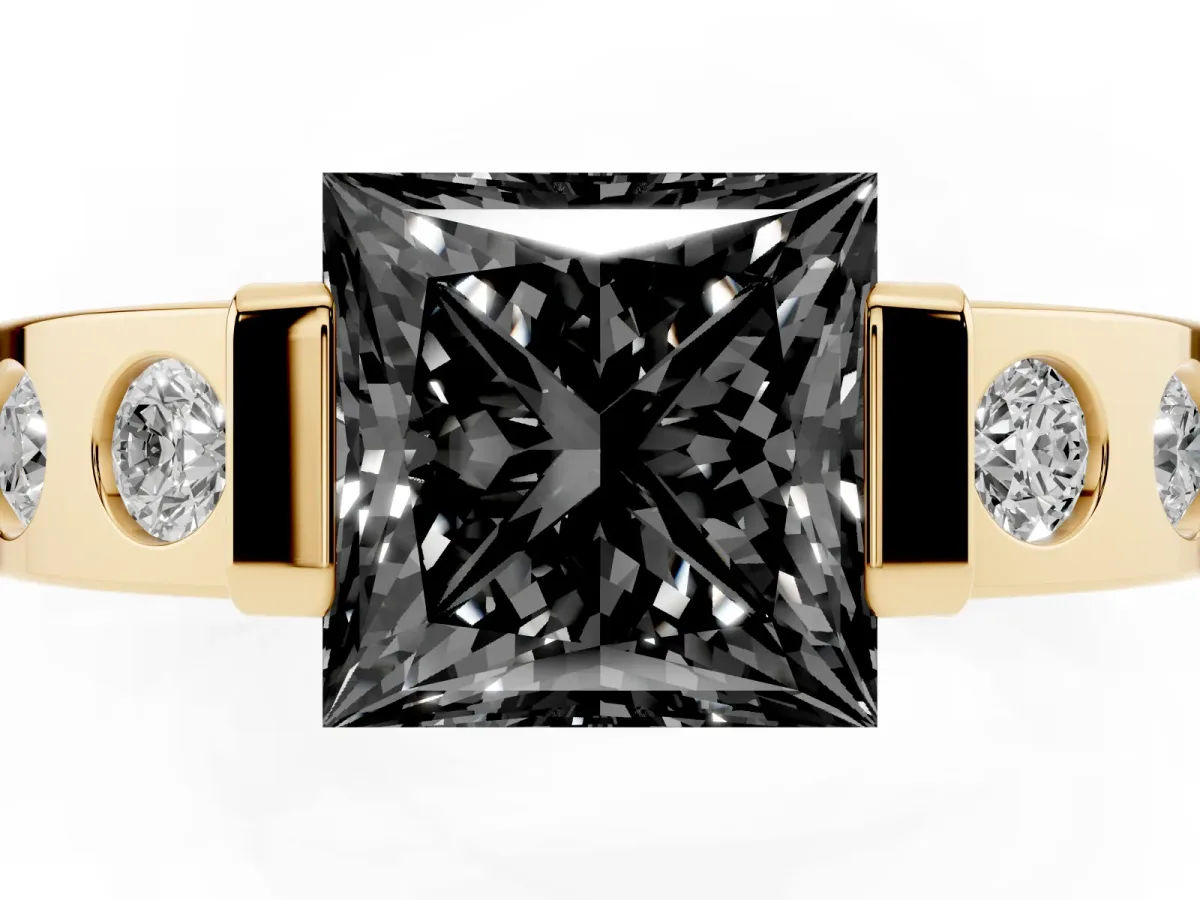 Fancy Black Princess Cut Brilliant Channel-Set Diamond Ring with Bezel Prong Setting Yellow gold
