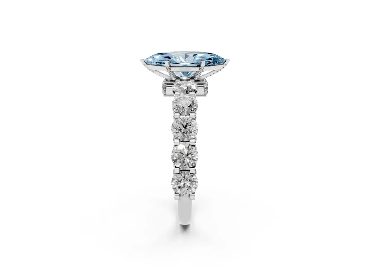 Fancy Blue Marquise Cut Diamond Side Stone Engagement Ring with Four-Prong Setting Silver