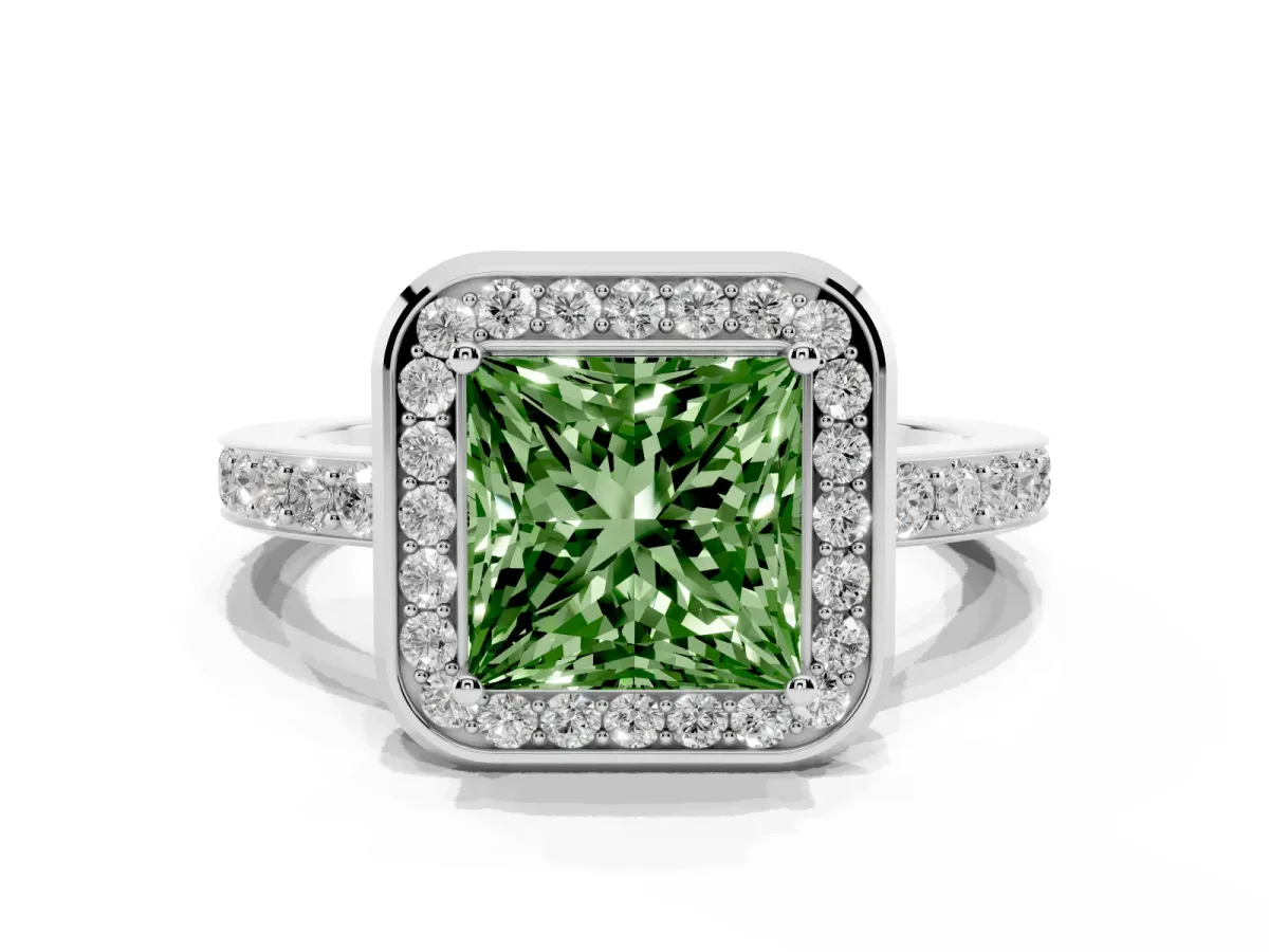 Fancy Green Princess Cut Diamond Halo Ring with Bezel Frame and Pavé Band White gold