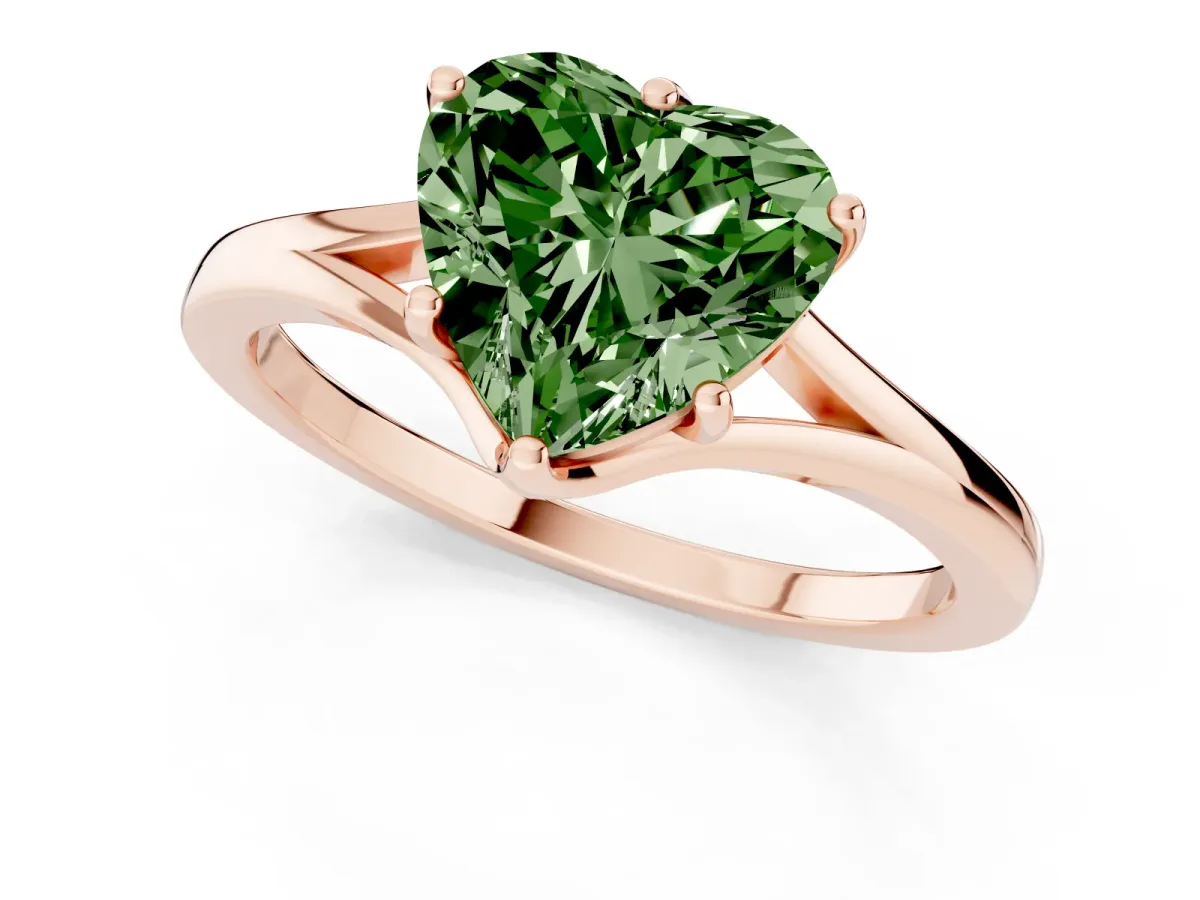 Fancy Green Heart Cut Solitaire Diamond Ring with Six-Prong Setting and Tapered Band Rose gold