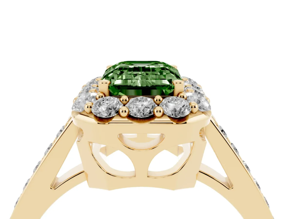 Fancy Green Emerald Cut Diamond Floral Halo Ring with Pavé Band and Prong Setting Yellow gold