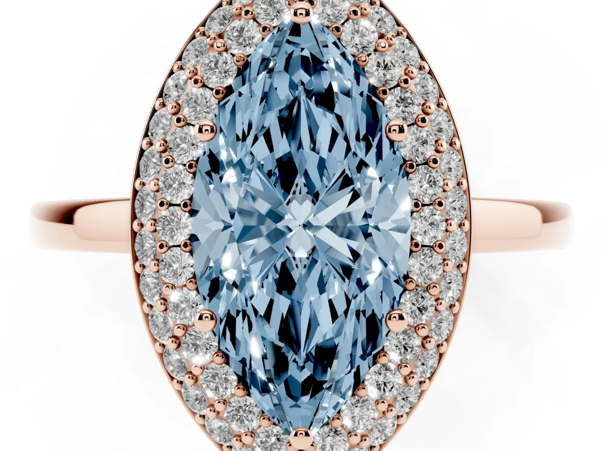 Fancy Blue Marquise Cut Halo Diamond Engagement Ring with Solitaire Band and Four-Prong Setting Rose gold