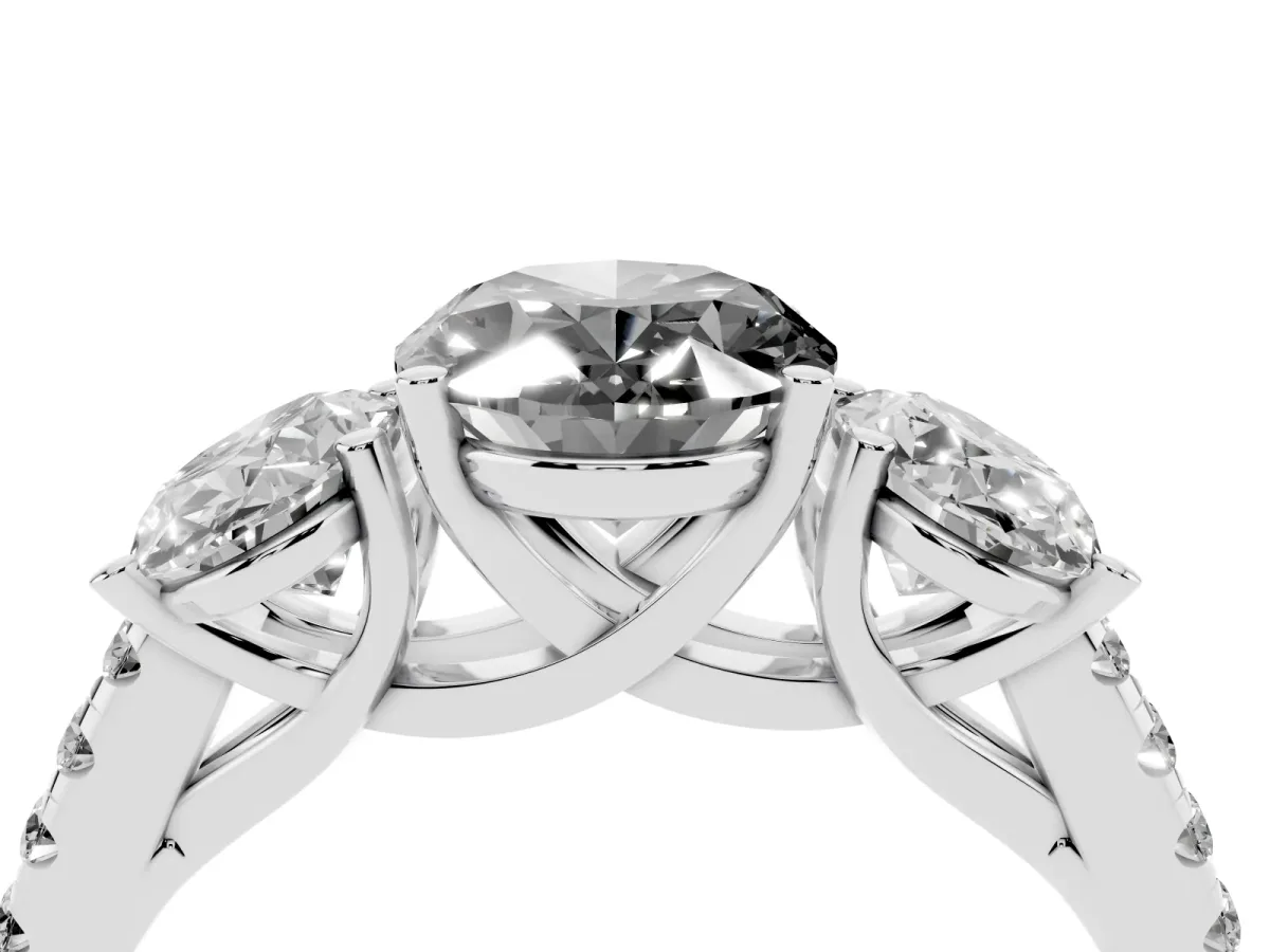 Fancy Black Three-Stone Oval Cut Diamond Ring with Round Pavé Band and Prong Setting Silver