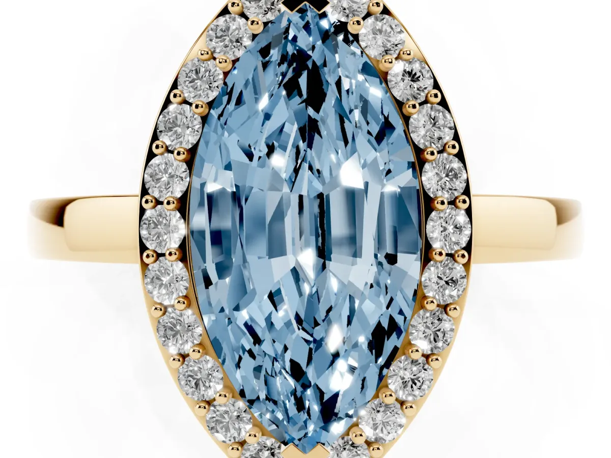 Fancy Blue Marquise Cut Halo Diamond Ring with Solitaire Band and Prong Setting Yellow gold