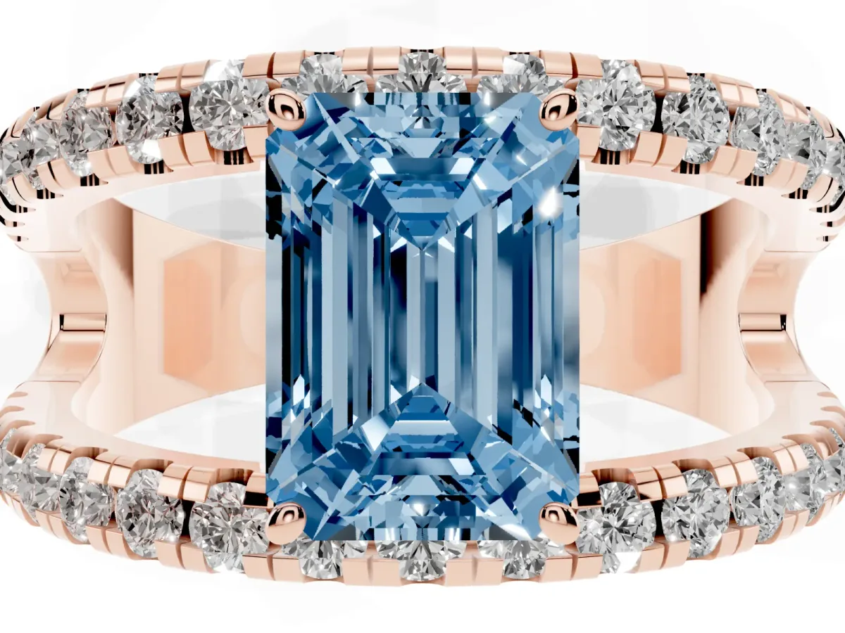 Fancy Blue Emerald Cut Solitaire Split Shank Pave Diamond Ring Rose gold