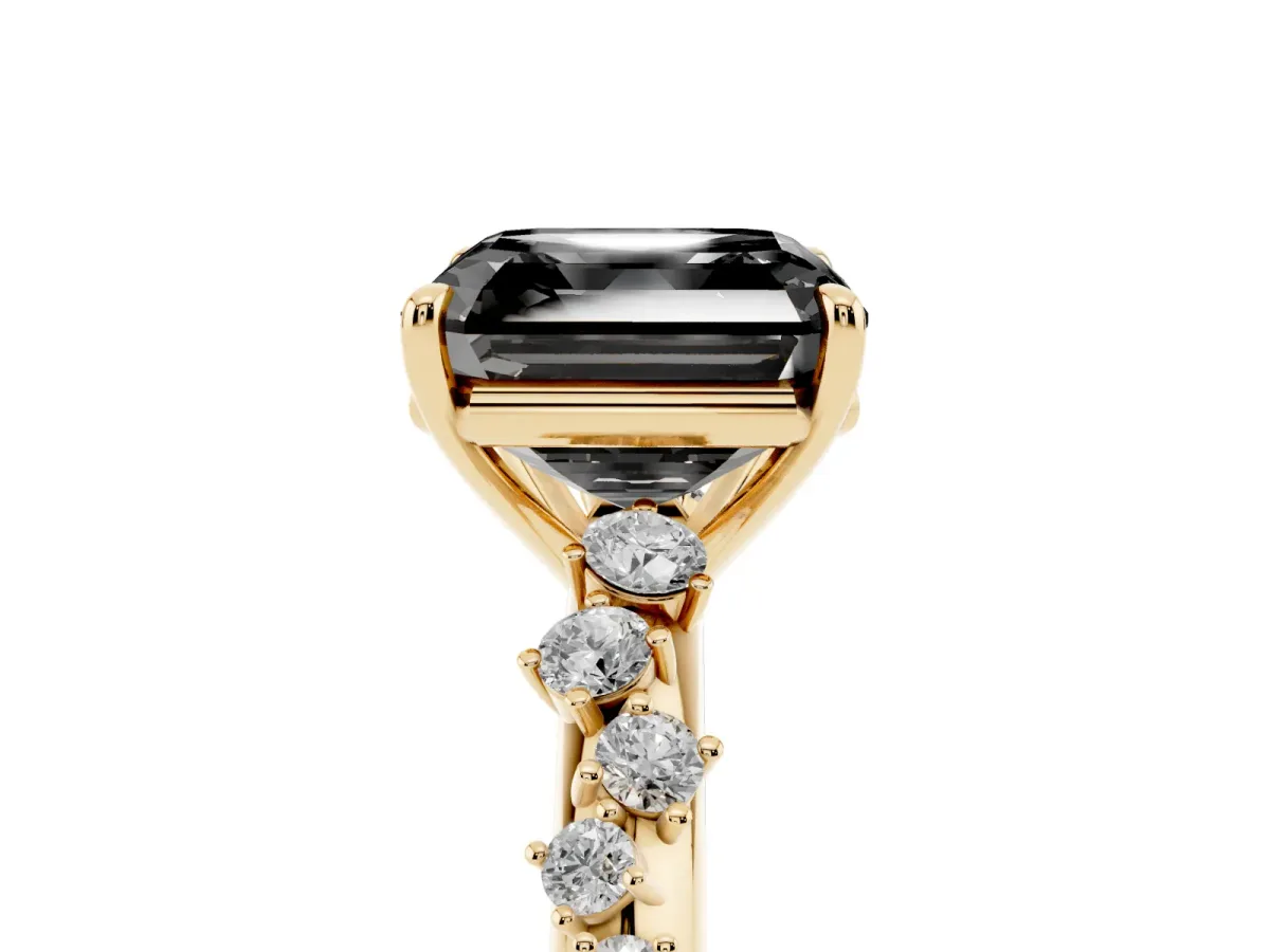 Fancy Black Asscher Cut Diamond Cluster Side Stone Solitaire Ring with Prong Setting Yellow gold