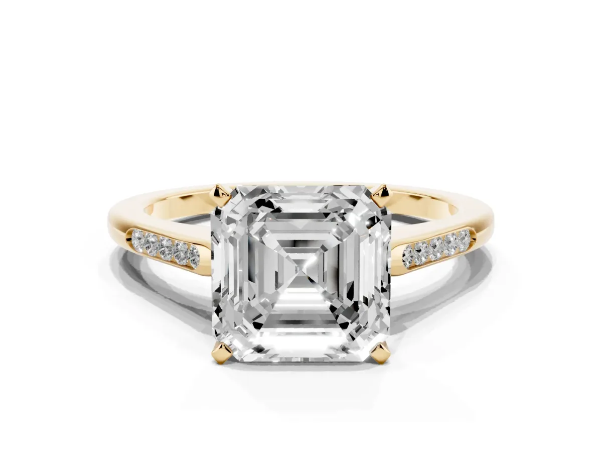 Asscher Cut Diamond Solitaire Ring with Channel Set Round Band and Prong Setting Yellow gold