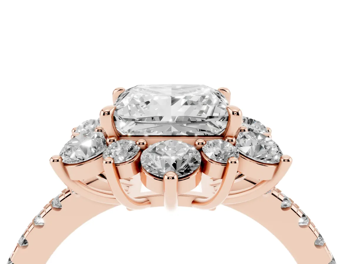 Princess Cut Diamond Floral Halo Ring with Round Pavé Band and Prong Setting Rose gold