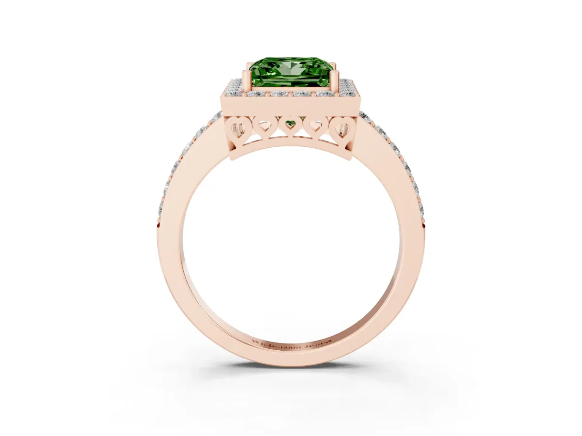 Fancy Green Princess Cut Halo Diamond Pavé Band Ring with Prong Setting Rose gold