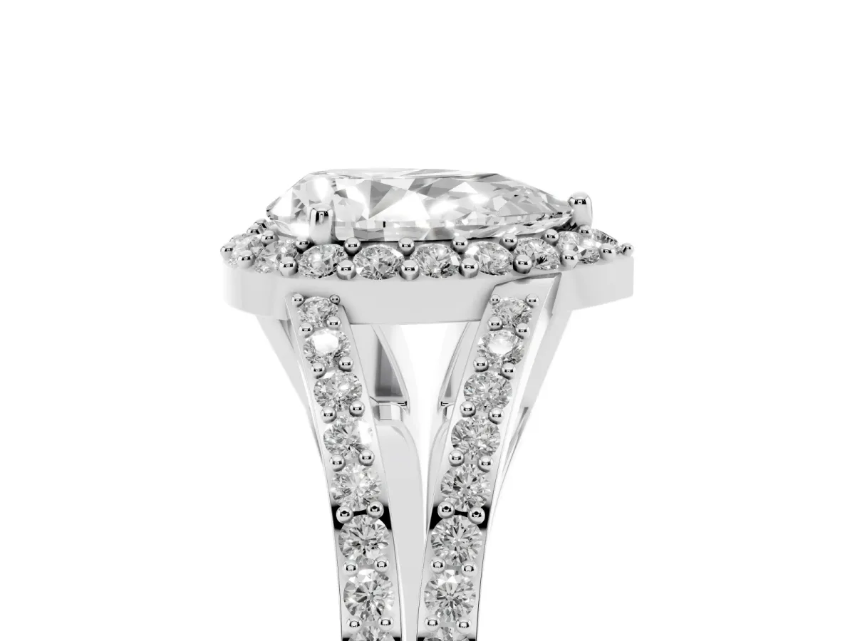 Pear Cut Halo Split Shank Diamond Ring with Prong Setting Platinum
