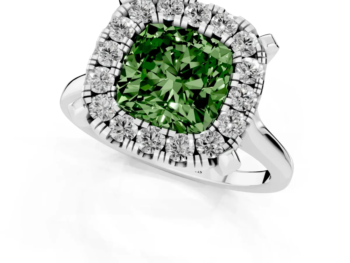 Fancy Green Cushion Cut Diamond Cluster Halo Solitaire with Four-Prong Setting Silver