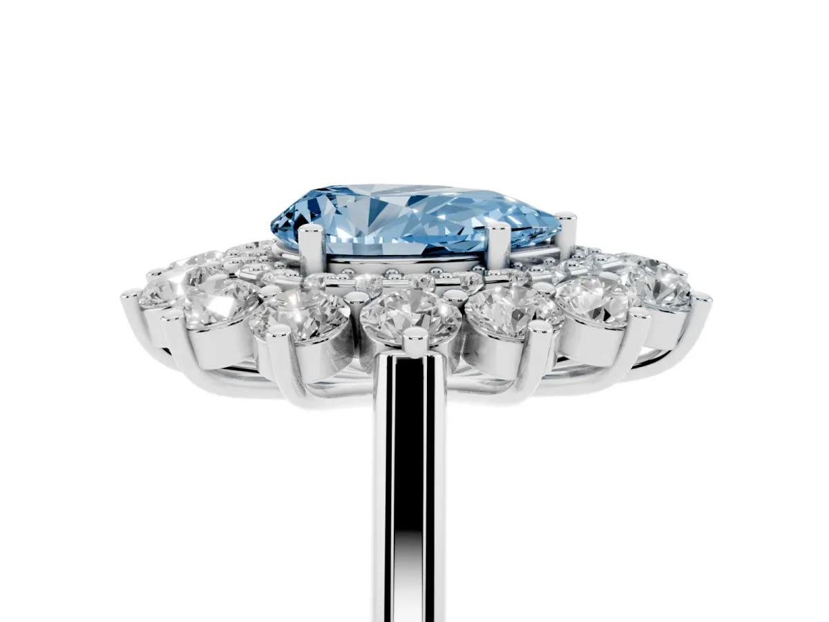 Fancy Blue Pear Cut Diamond Floral Double Halo Engagement Ring with Prong Setting Silver