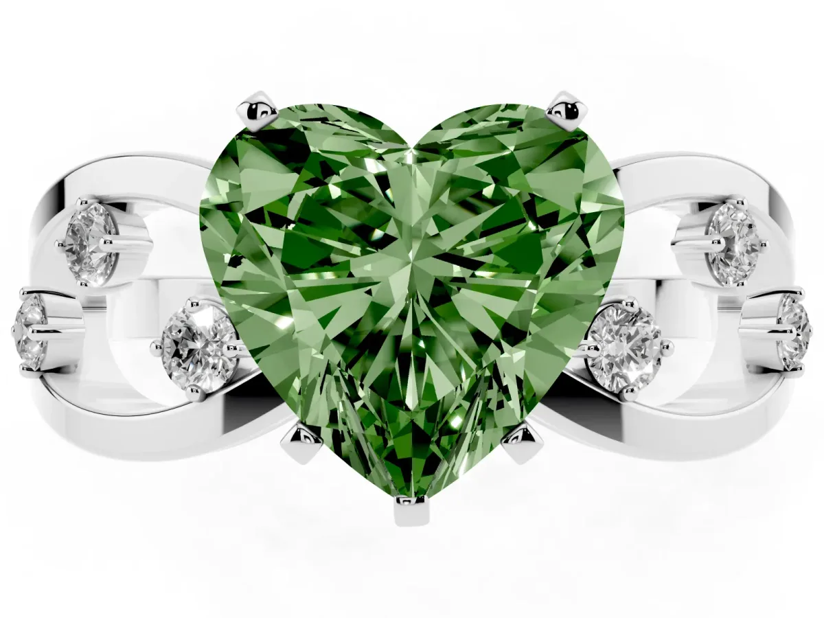 Fancy Green Heart Cut Cut Solitaire Diamond with Side Stones on Criss-Cross Band and Four-Prong Setting Platinum
