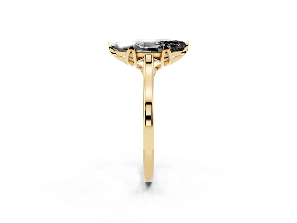 Fancy Black Marquise Cut Diamond Solitaire Ring with Flower Prong Setting and Classic Band Yellow gold