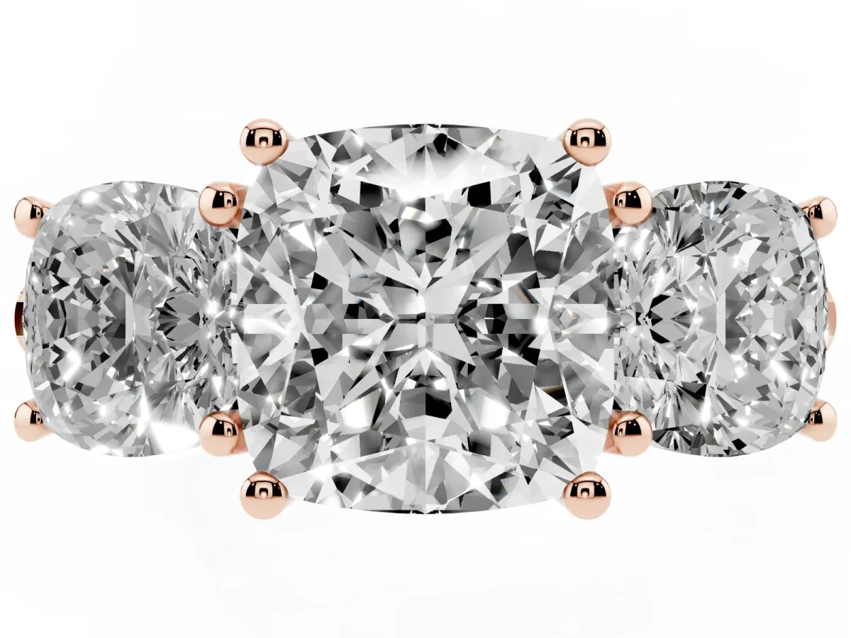 Three-Stone Cushion Cut Diamond Ring with Round Pavé Band and Prong Setting Rose gold