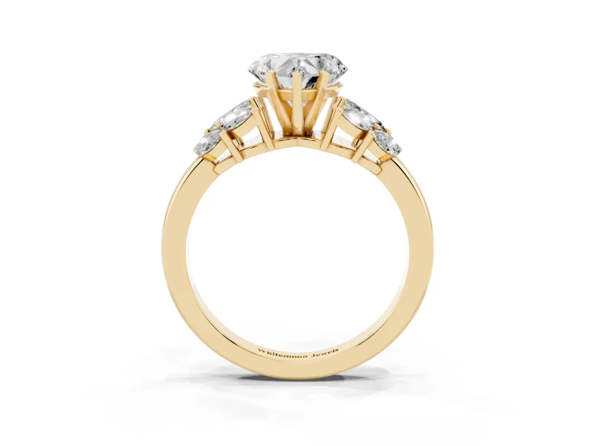 Heart Cut Diamond Cluster Leaf Design Ring with Prong Setting Yellow gold