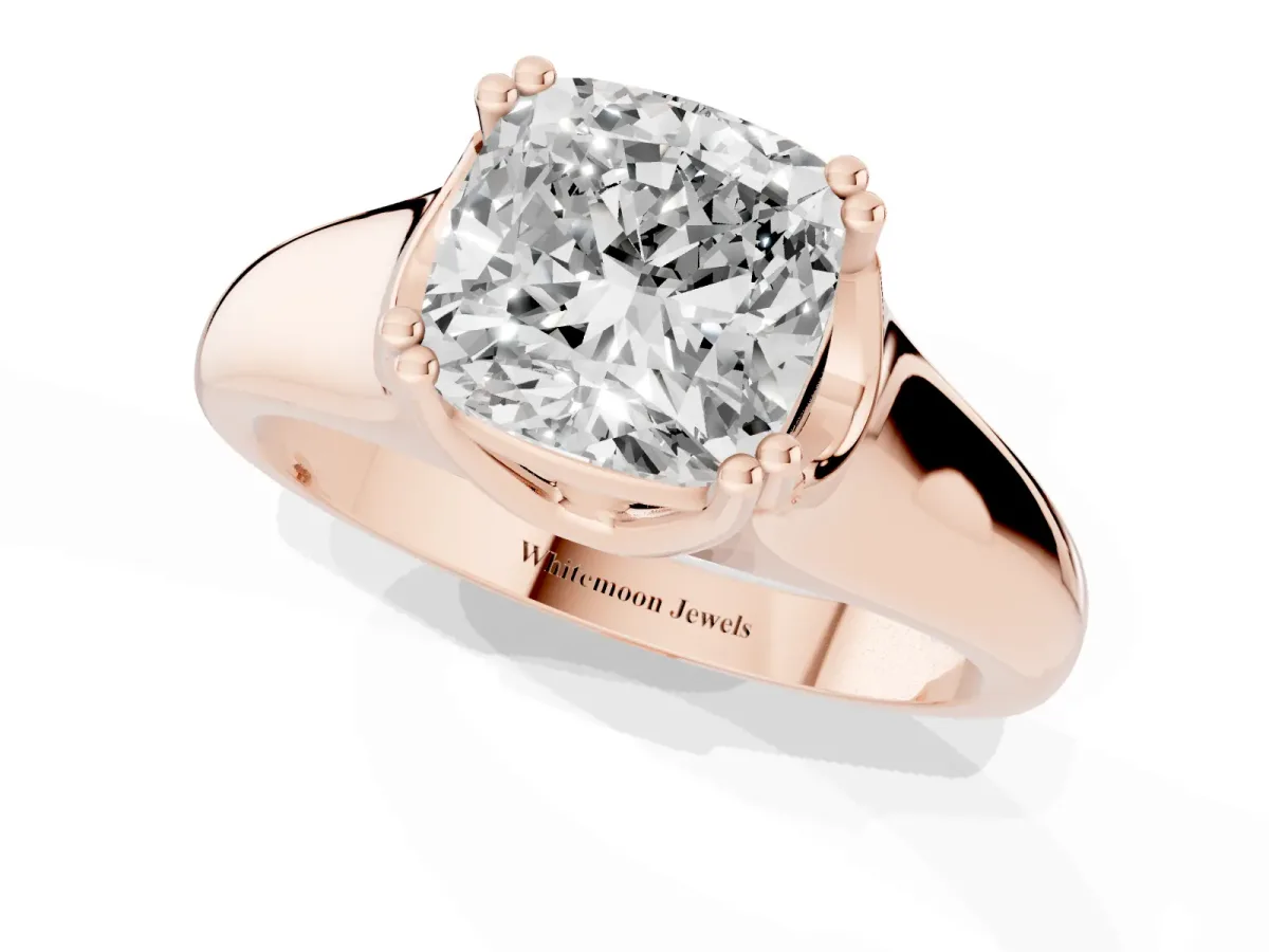 Cushion Cut Diamond Solitaire Ring with Wide Band and Prong Setting Rose gold
