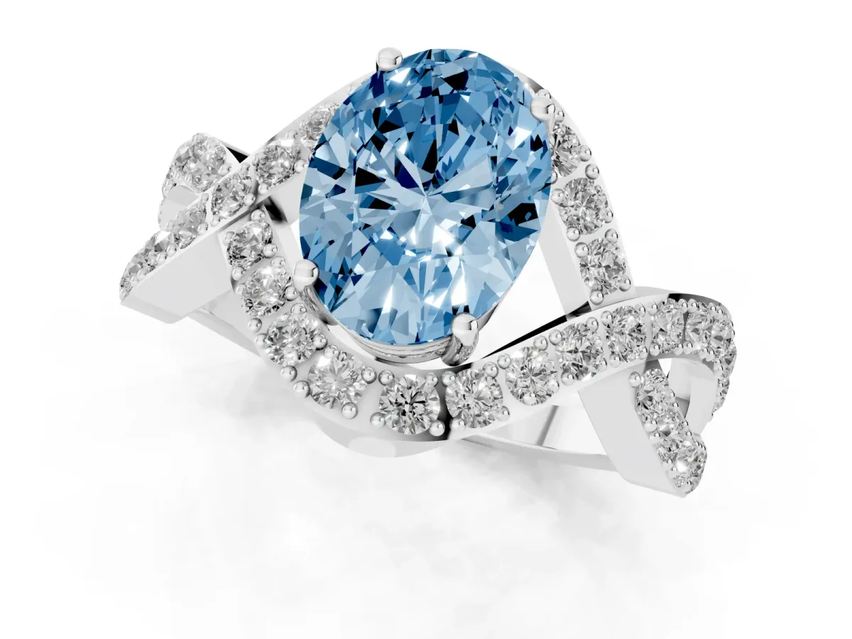 Fancy Blue Oval Cut Solitaire Twist Band Pavé Diamond Engagement Ring Silver
