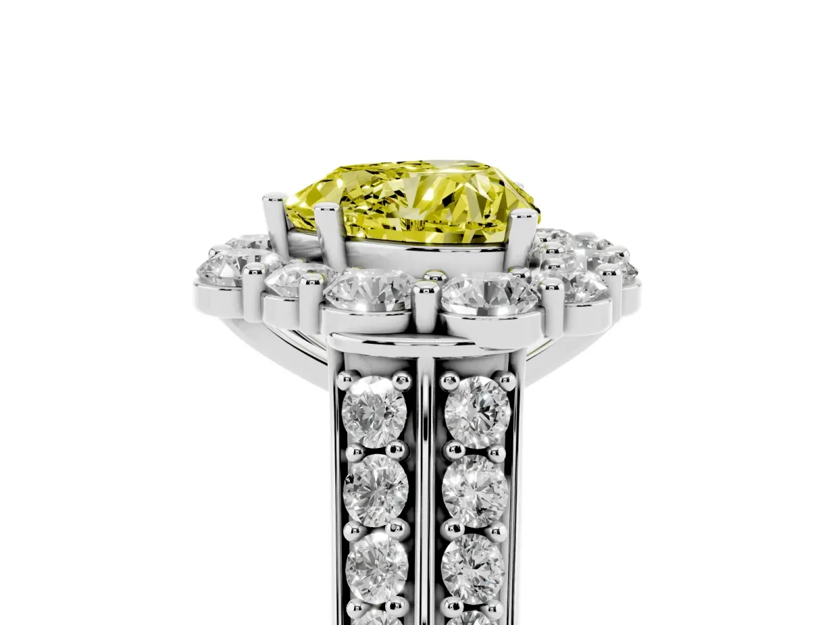 Fancy Yellow Heart Cut Halo Diamond Engagement Ring with Split Shank and Prong Setting Silver