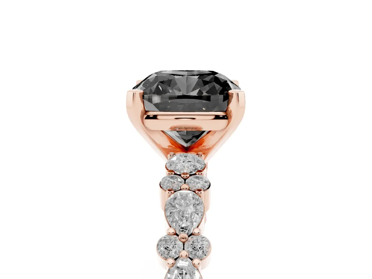 Fancy Black Cushion Cut Diamond Side Stone Solitaire Ring with Round and Four-Prong Setting Rose gold