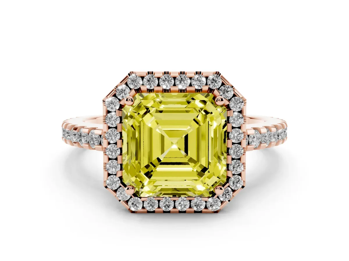 Fancy Yellow Asscher Cut Diamond Halo Engagement Ring with Pavé Band and Prong Setting Rose gold