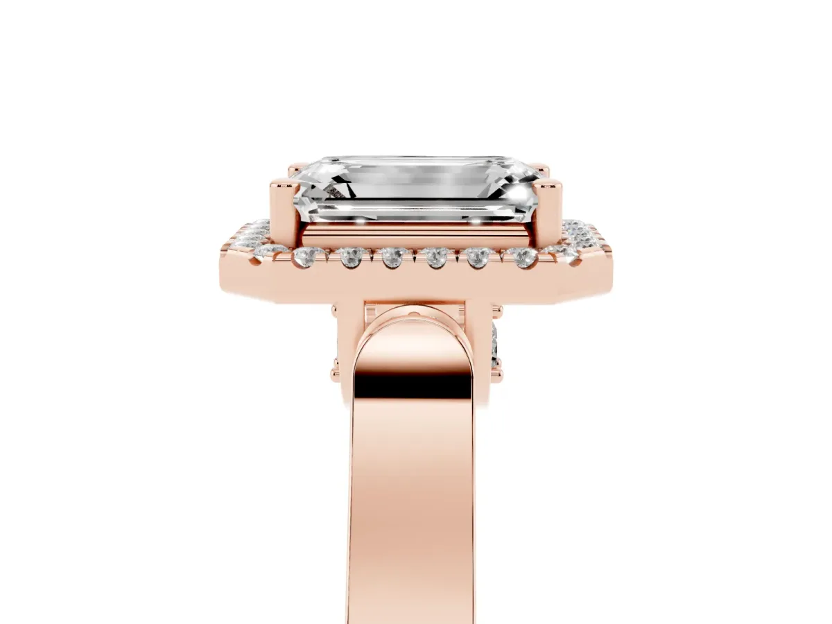 Emerald Cut Halo Round Diamond Twist Band with Four-Prong Setting Rose gold