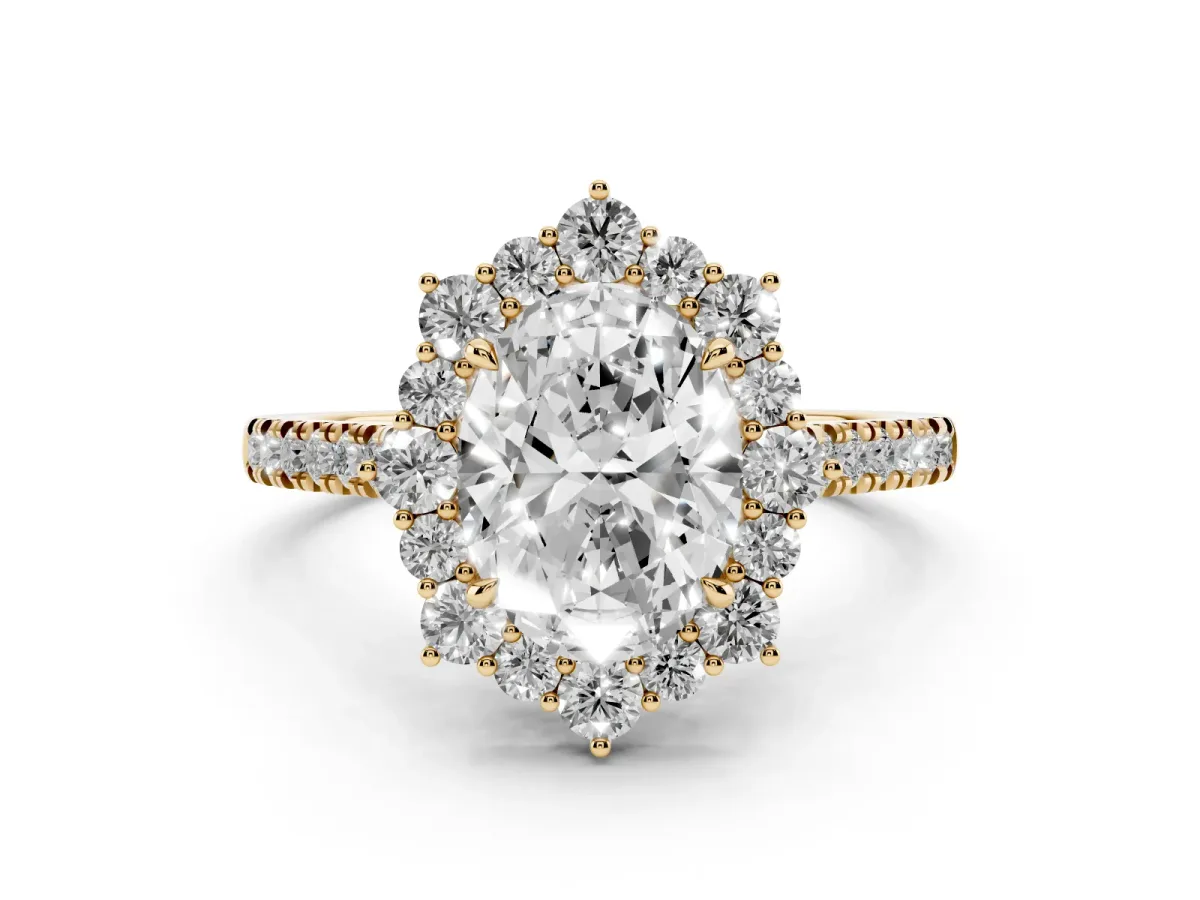 Oval Cut Halo Diamond Ring with Pavé Band and Prong Setting Yellow gold