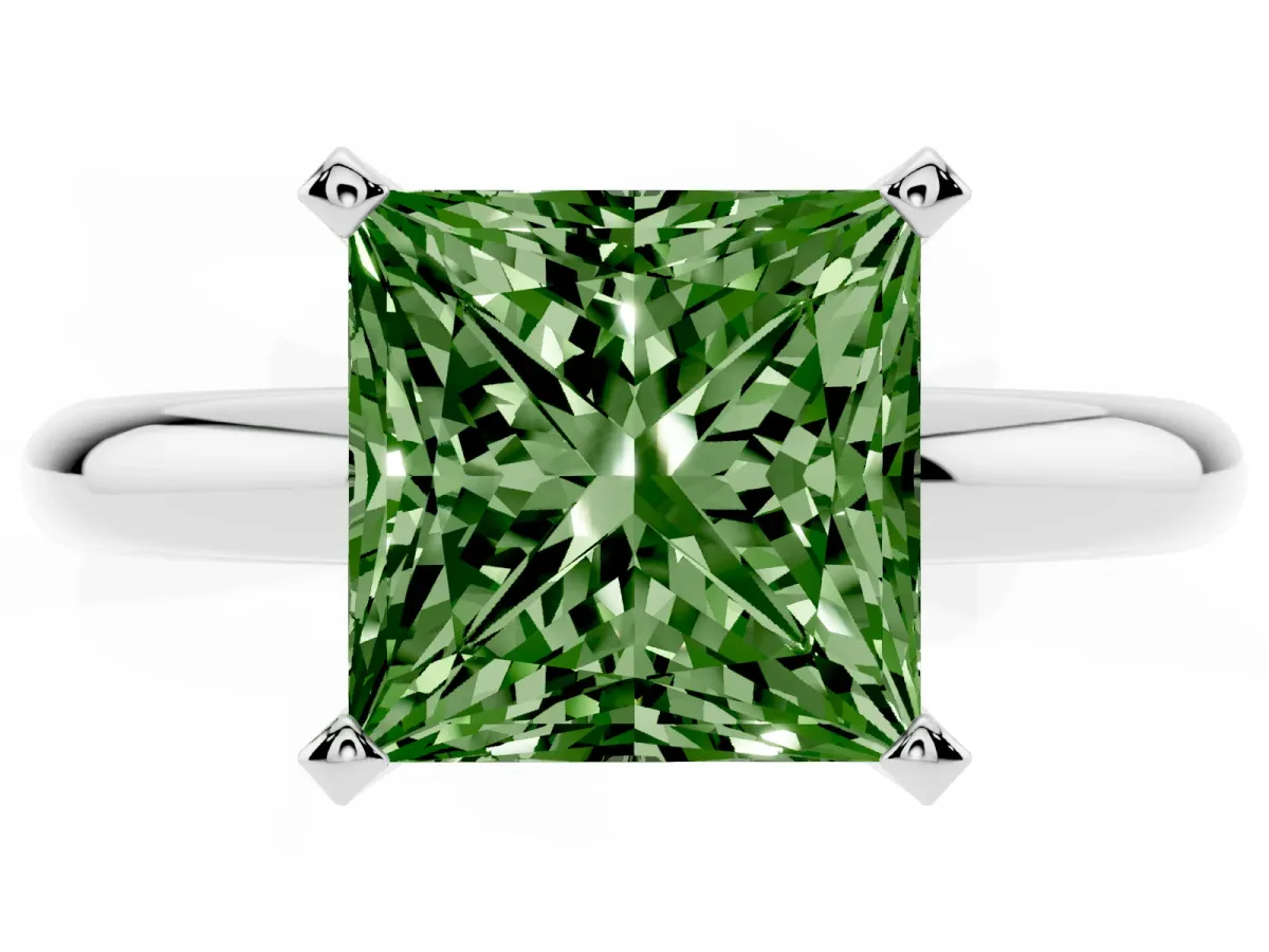 Fancy Green Princess Cut Diamond Solitaire Engagement Ring with Round Band and Four-Prong Setting Platinum