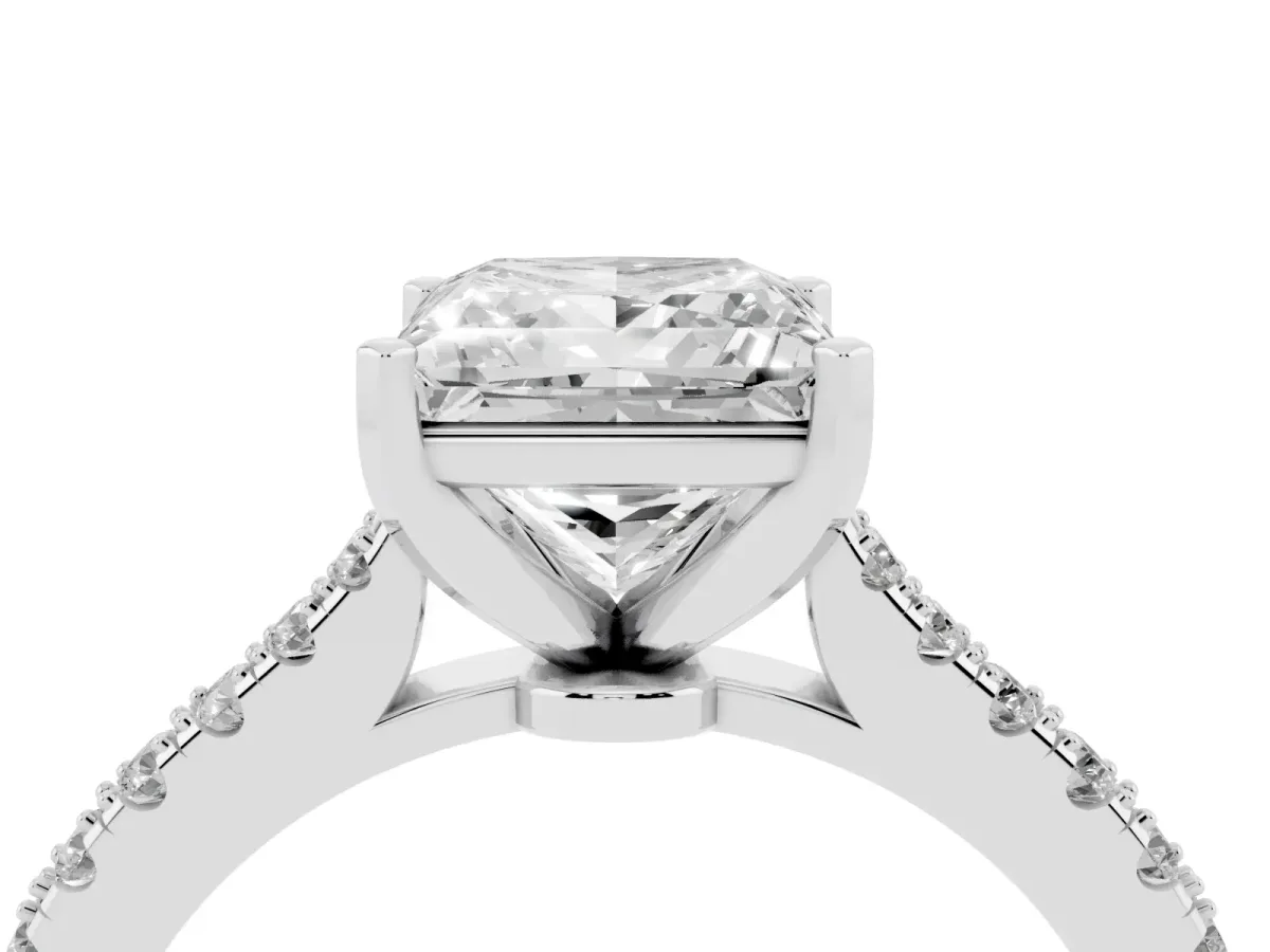 Princess Cut Cut Solitaire Diamond Engagement Ring with Pave Band and Four-Prong Setting Platinum