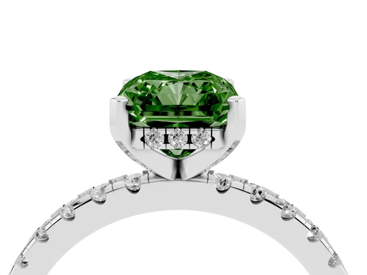 Fancy Green Radiant Cut Diamond Solitaire Ring with Round Pavé Band and Four-Prong Setting Silver
