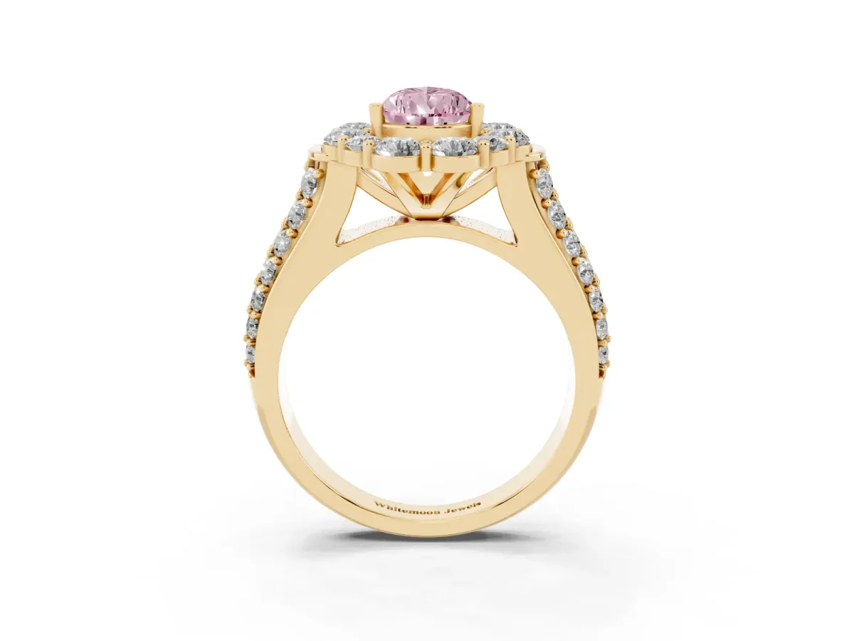 Fancy Pink Pear Cut Halo Diamond Engagement Ring with Split Shank and Prong Setting Yellow gold