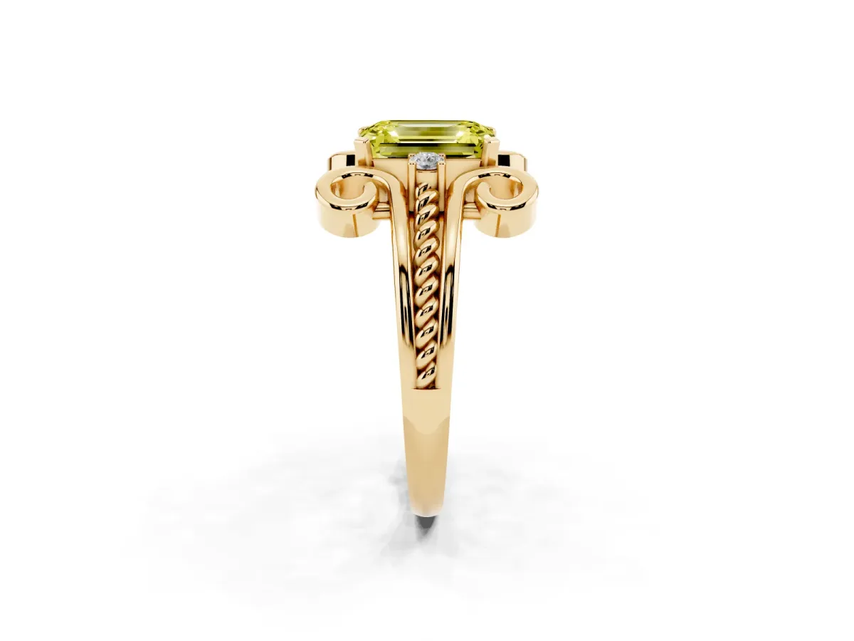 Fancy Yellow Emerald Cut Solitaire Twisted Band Scroll Prong Ring Yellow gold