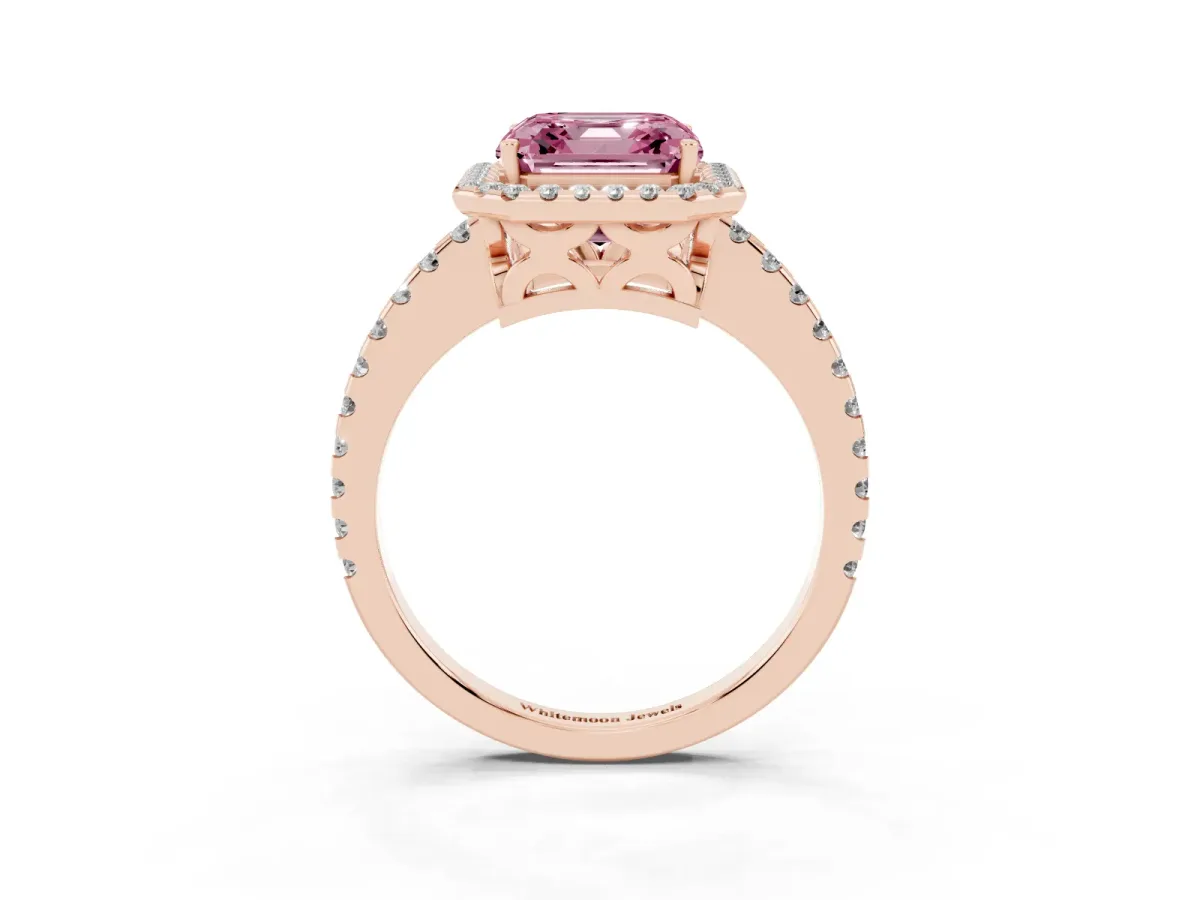 Fancy Pink Asscher Cut Diamond Halo Engagement Ring with Pavé Band and Prong Setting Rose gold