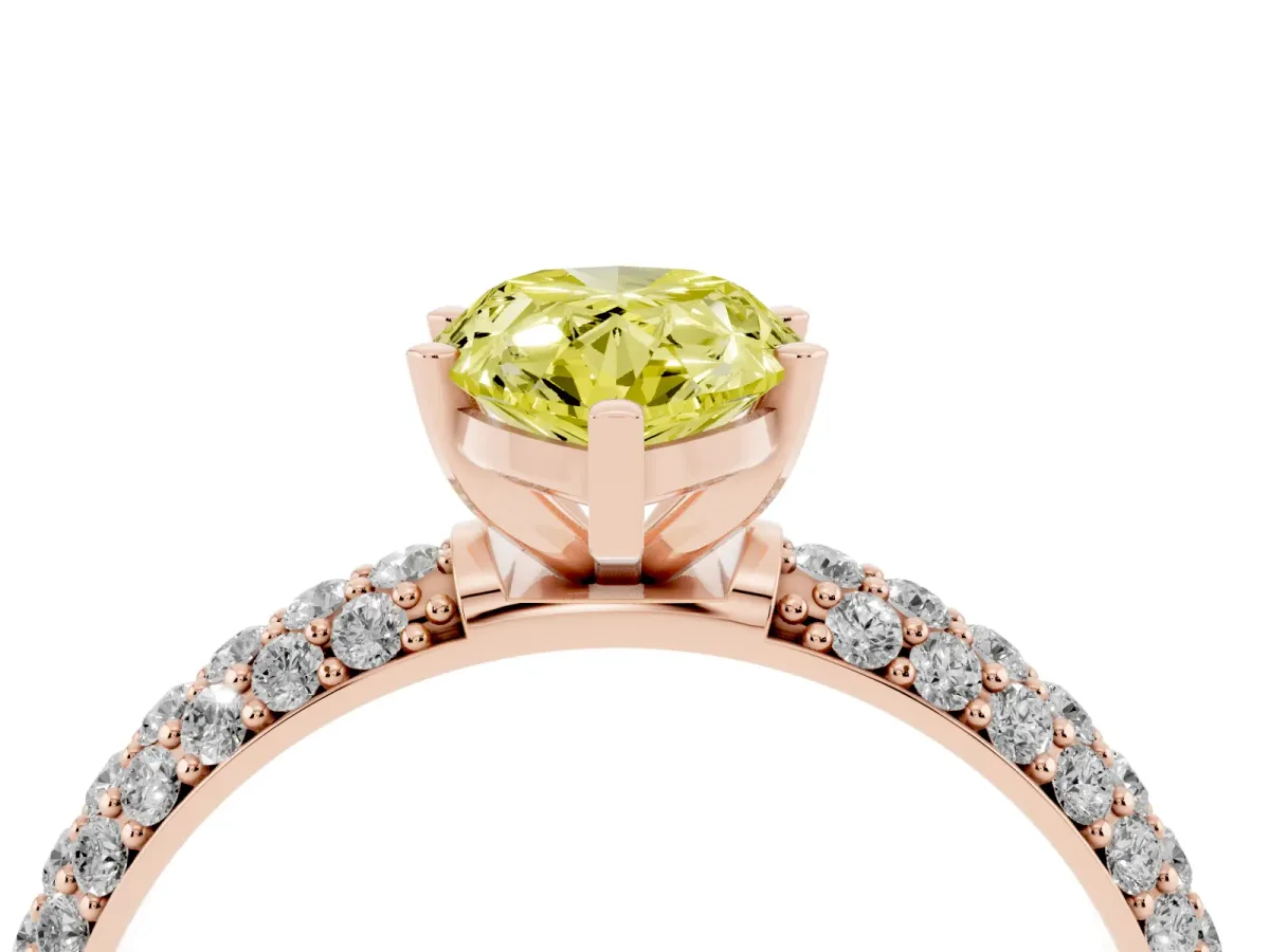 Fancy Yellow Pear Cut Diamond Solitaire Ring with Prong Setting and Pavé Band Rose gold