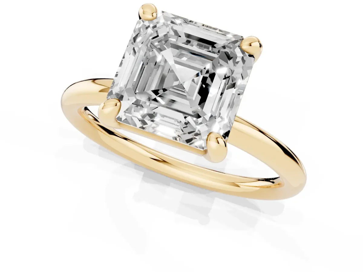 Asscher Cut Solitaire Diamond Ring with Four-Prong Setting on a Plain Band Yellow gold