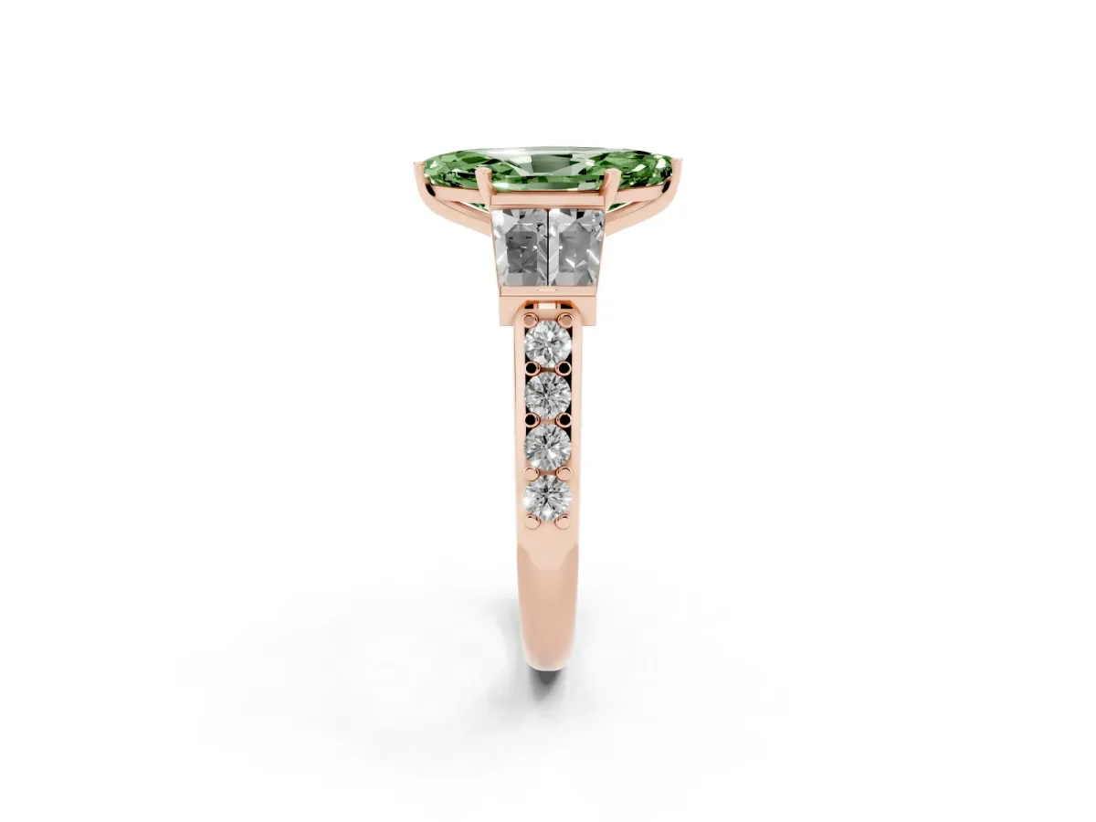 Fancy Green Marquise Cut Diamond Engagement Ring with Baguette Side Stones and Channel Set Band Rose gold