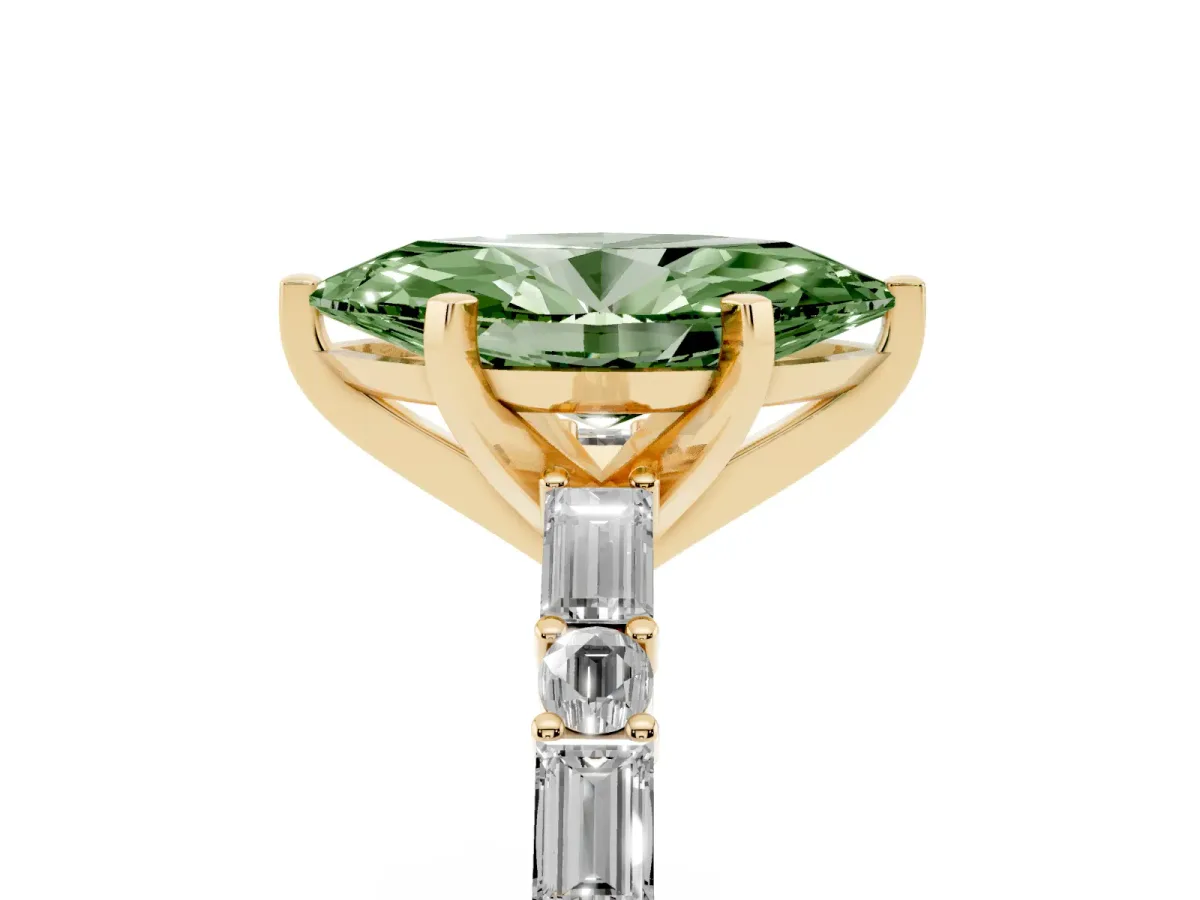 Fancy Green Marquise Cut Diamond Solitaire with Side Baguettes and Channel Set Band Yellow gold