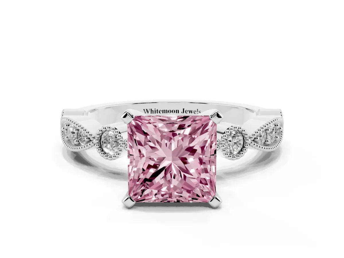Fancy Pink Princess Cut Milgrain Bezel Diamond Engagement Ring with Solitaire Prong Setting Silver