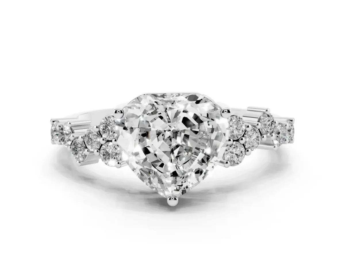 Heart Cut Diamond Scattered Round Accent Ring with Prong Setting Silver