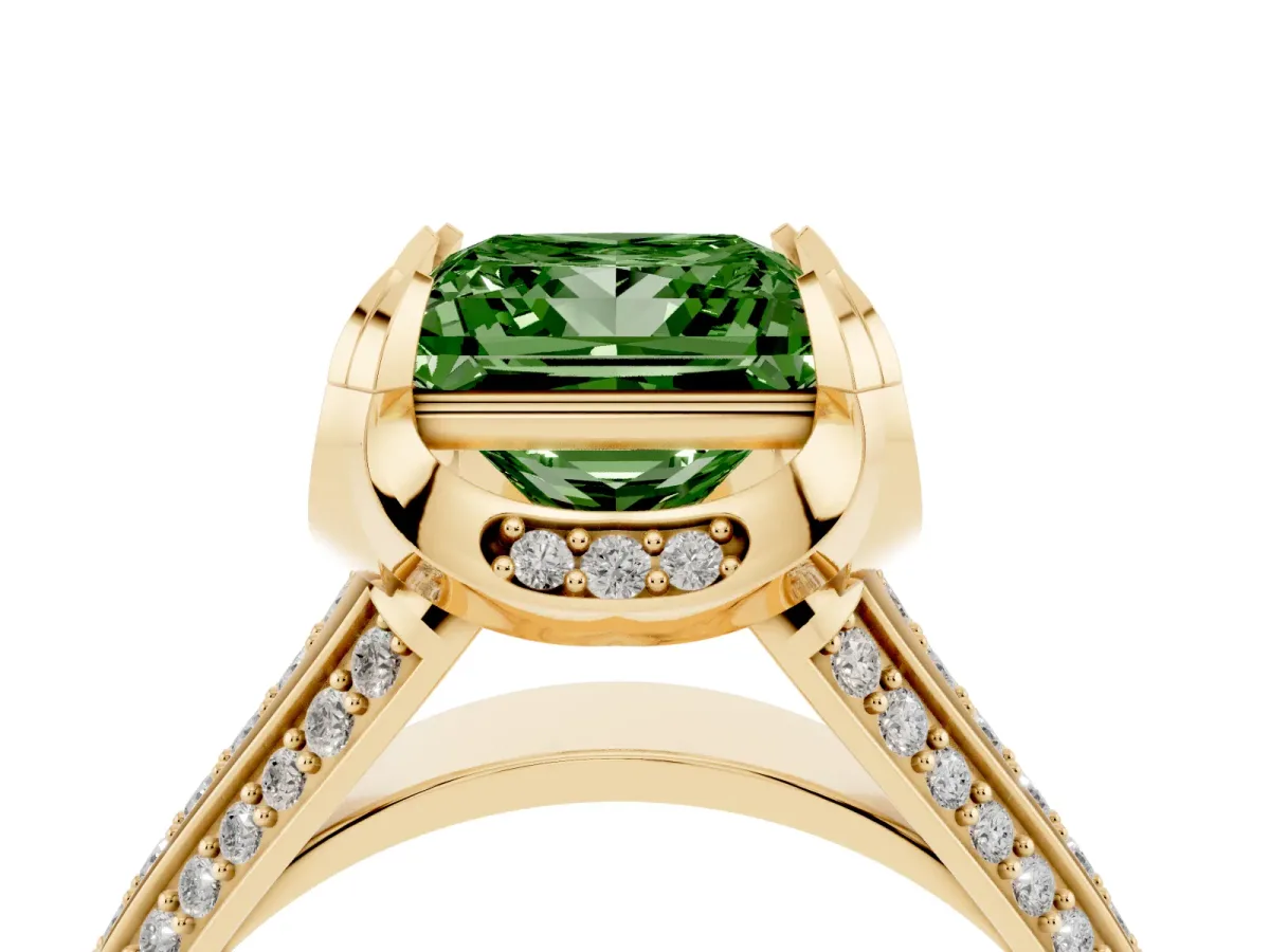 Fancy Green Princess Cut Solitaire Pave Split Shank Ring with Four-Prong Setting Yellow gold