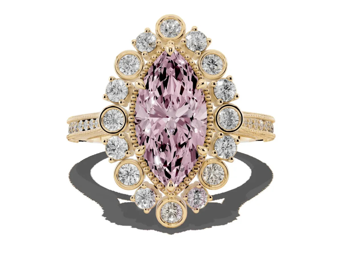 Fancy Pink Marquise Cut Halo Milgrain Pave Diamond Ring with Four-Prong Setting Yellow gold