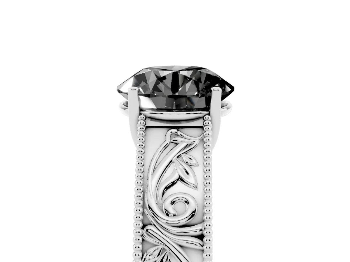 Fancy Black Round Cut Diamond Solitaire Ring with Engraved Band and Four-Prong Setting White gold