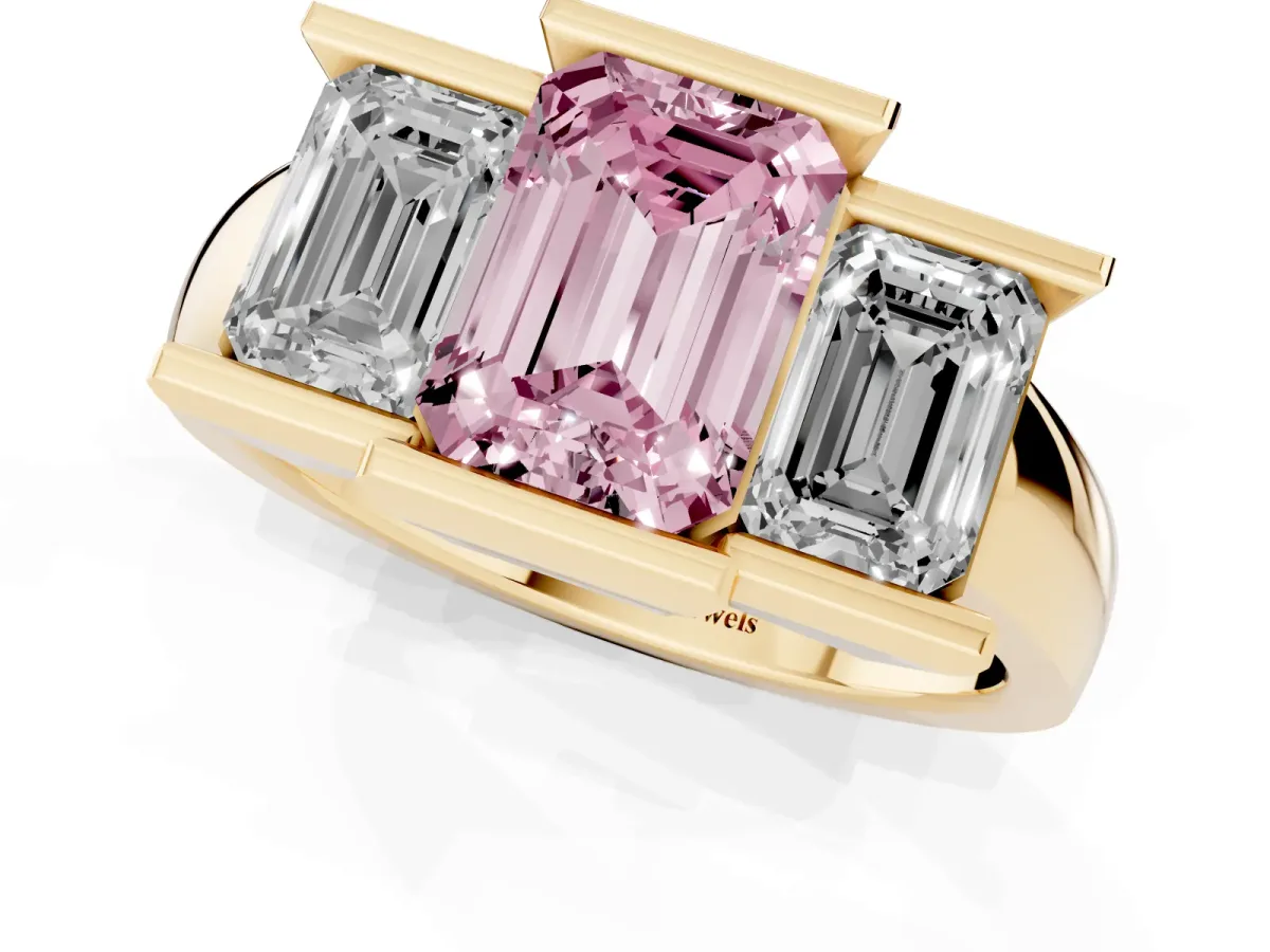 Fancy Pink Three Stone Emerald Cut Cut Channel Set Diamond Ring Yellow gold