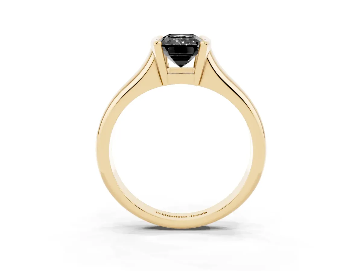 Fancy Black Emerald Cut Solitaire Tension Set Diamond Ring with Split Shank Band Yellow gold