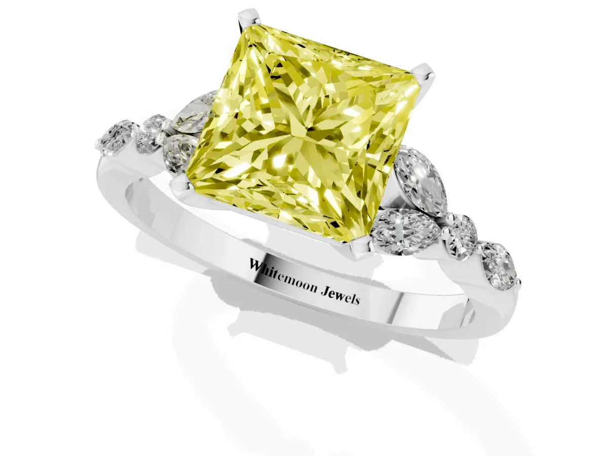 Fancy Yellow Princess Cut Diamond Solitaire Ring with Side Stones and Four-Prong Setting Silver