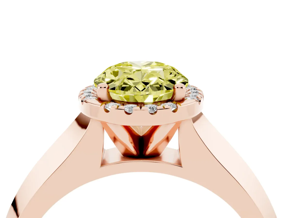 Fancy Yellow Oval Cut Halo Diamond Ring with Cathedral Band and Four-Prong Setting Rose gold