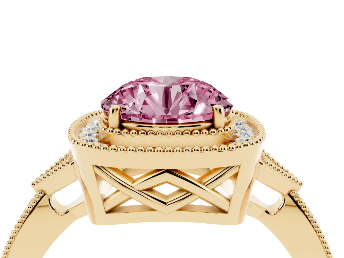 Fancy Pink Round Cut Halo Round Diamond Milgrain Pave Engagement Ring Yellow gold